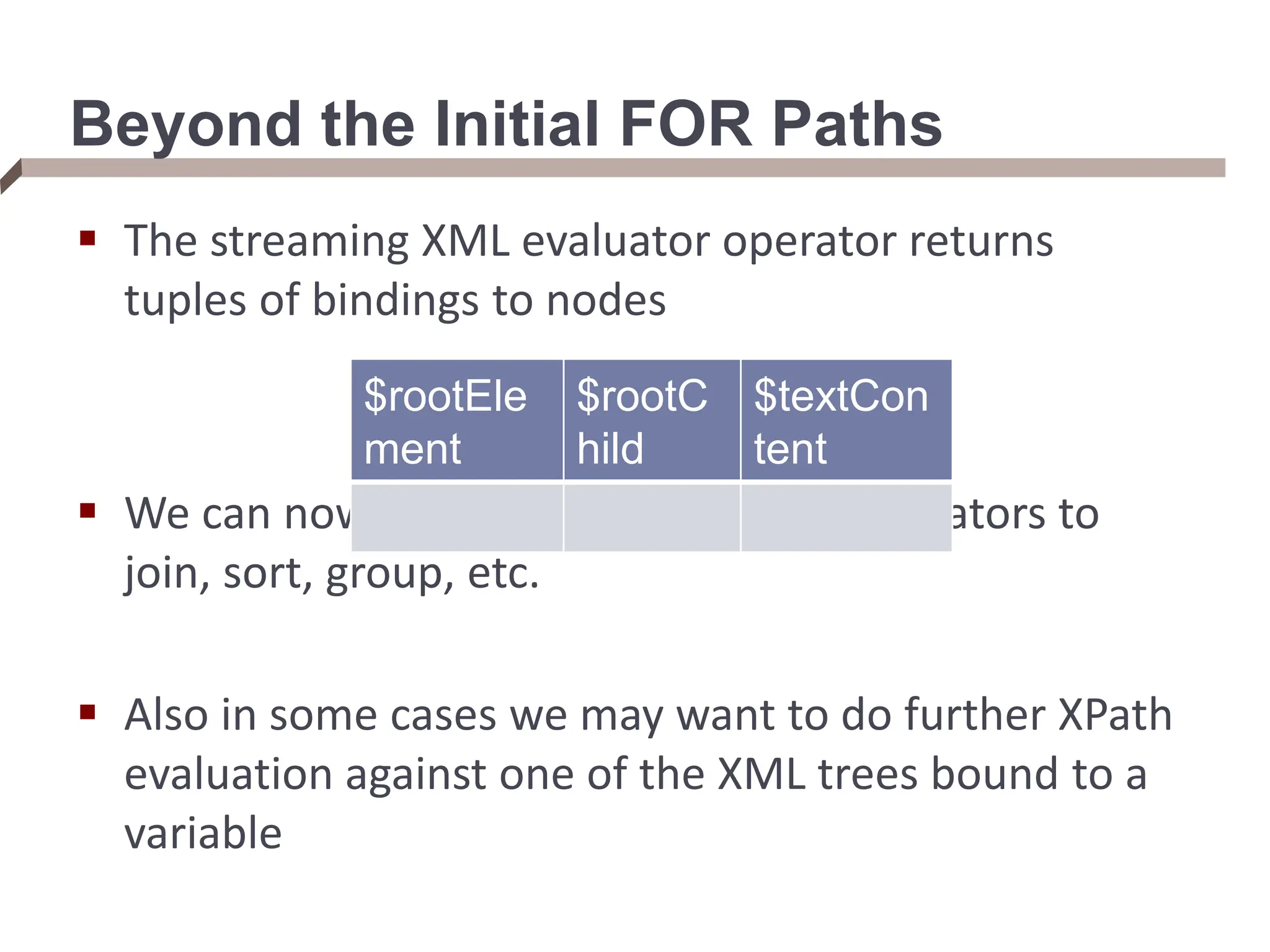 Beyond the Initial FOR Paths  The streaming XML evaluator operator returns tuples of bindings to nodes  We can now use standard relational operators to join, sort, group, etc.  Also in some cases we may want to do further XPath evaluation against one of the XML trees bound to a variable $rootEle ment $rootC hild $textCon tent 