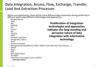 Data Integration, Access, Flow, Exchange, Transfer,
Load And Extraction Processes
• Within any organisation, there will be many different data movements being performed in
different ways using different technologies and approaches:
− API/Web Service
− SOAP
− RPC
− SOA/ESB
− FTP
− ETL/ELT
− EDI
− AS1/2/3
− SMTP
− Database replication
− Change data capture
− IPaaS
− Stream processing
− Message queueing (MQSeries, MQTT, AMQP, Active MQ, JMS, Azure Queues, …)
− DB link
− Batch
− DDS
− OPC-UA/IEC 62541
− IEC 60870
− Proprietary technologies (such as SWIFT)
− … And many others
March 22, 2021 22
Proliferation of integration
technologies and approaches
indicates the long-standing and
pervasive nature of data
integration with information
technology
 
