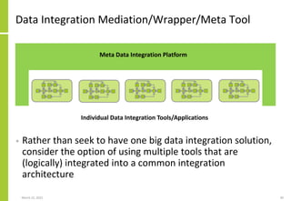 Data Integration Mediation/Wrapper/Meta Tool
• Rather than seek to have one big data integration solution,
consider the option of using multiple tools that are
(logically) integrated into a common integration
architecture
March 22, 2021 30
Individual Data Integration Tools/Applications
Meta Data Integration Platform
 