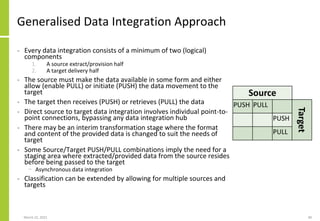 Generalised Data Integration Approach
• Every data integration consists of a minimum of two (logical)
components
1. A source extract/provision half
2. A target delivery half
• The source must make the data available in some form and either
allow (enable PULL) or initiate (PUSH) the data movement to the
target
• The target then receives (PUSH) or retrieves (PULL) the data
• Direct source to target data integration involves individual point-to-
point connections, bypassing any data integration hub
• There may be an interim transformation stage where the format
and content of the provided data is changed to suit the needs of
target
• Some Source/Target PUSH/PULL combinations imply the need for a
staging area where extracted/provided data from the source resides
before being passed to the target
− Asynchronous data integration
• Classification can be extended by allowing for multiple sources and
targets
March 22, 2021 40
Source
PUSH PULL
Target
PUSH
PULL
 