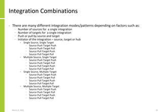 Integration Combinations
• There are many different integration modes/patterns depending on factors such as:
− Number of sources for a single integration
− Number of targets for a single integration
− Push or pull by source and target
− Initiator of the integration – source, target or hub
• Single Source, Single Target
− Source Push Target Push
− Source Push Target Pull
− Source Pull Target Push
− Source Pull Target Pull
• Multiple Source, Single Target
− Source Push Target Push
− Source Push Target Pull
− Source Pull Target Push
− Source Pull Target Pull
• Single Source, Multiple Target
− Source Push Target Push
− Source Push Target Pull
− Source Pull Target Push
− Source Pull Target Pull
• Multiple Source, Multiple Target
− Source Push Target Push
− Source Push Target Pull
− Source Pull Target Push
− Source Pull Target Pull
March 22, 2021 42
 