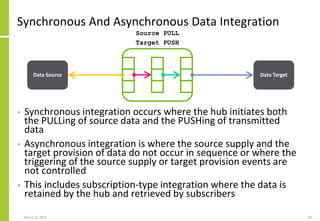 Synchronous And Asynchronous Data Integration
• Synchronous integration occurs where the hub initiates both
the PULLing of source data and the PUSHing of transmitted
data
• Asynchronous integration is where the source supply and the
target provision of data do not occur in sequence or where the
triggering of the source supply or target provision events are
not controlled
• This includes subscription-type integration where the data is
retained by the hub and retrieved by subscribers
March 22, 2021 60
Data Source Data Target
Source PULL
Target PUSH
 