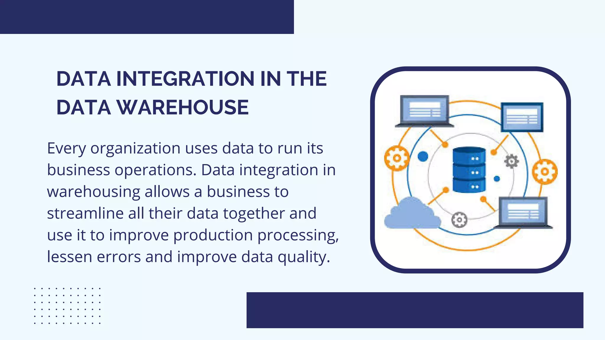 DATA INTEGRATION IN THE
DATA WAREHOUSE
Every organization uses data to run its
business operations. Data integration in
warehousing allows a business to
streamline all their data together and
use it to improve production processing,
lessen errors and improve data quality.
 