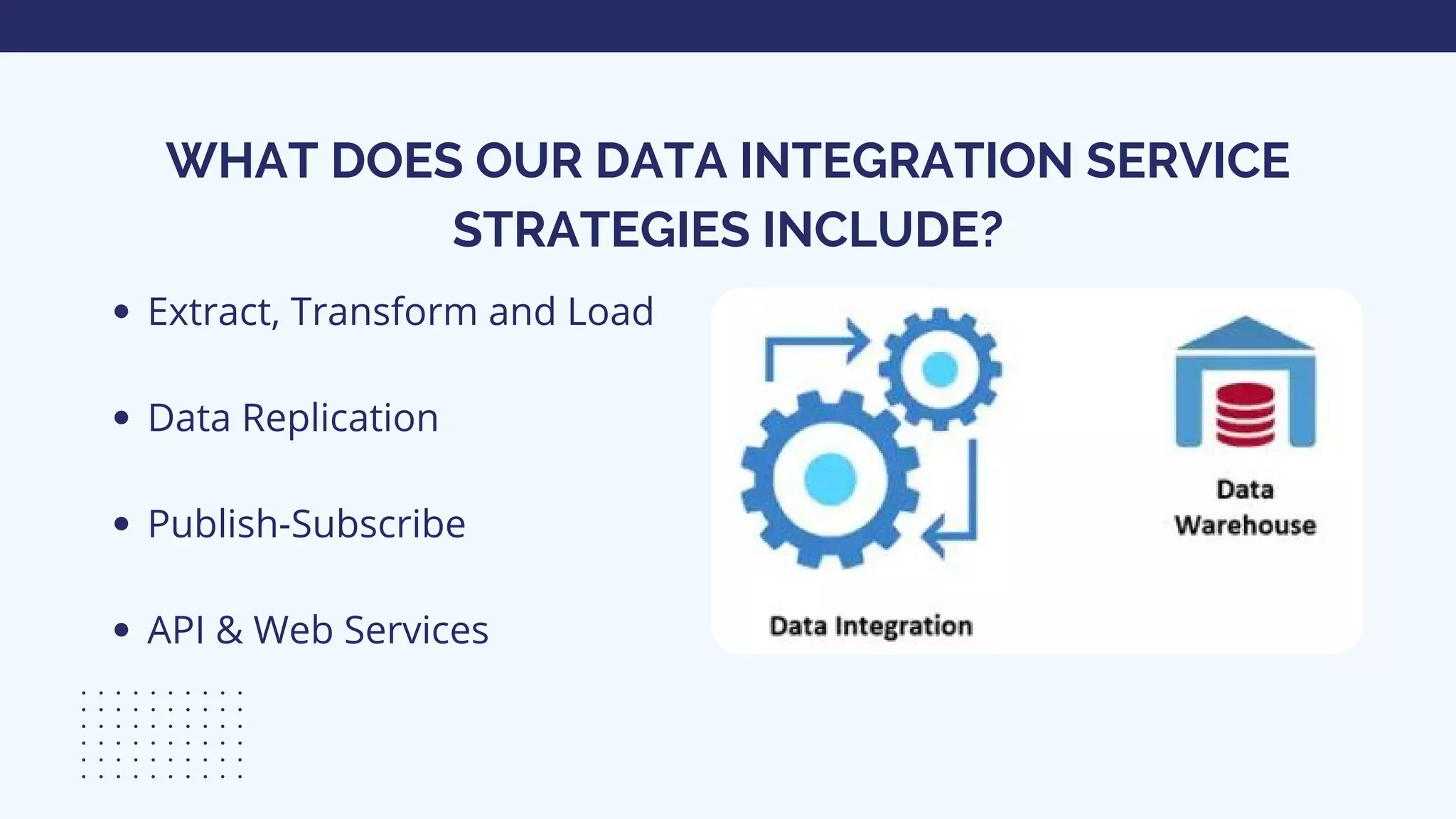 WHAT DOES OUR DATA INTEGRATION SERVICE
STRATEGIES INCLUDE?
Extract, Transform and Load
Data Replication
Publish-Subscribe
API & Web Services
 