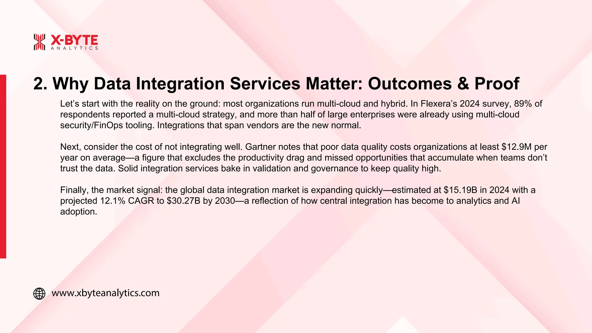 www.xbyteanalytics.com
2. Why Data Integration Services Matter: Outcomes & Proof
Let’s start with the reality on the ground: most organizations run multi-cloud and hybrid. In Flexera’s 2024 survey, 89% of
respondents reported a multi-cloud strategy, and more than half of large enterprises were already using multi-cloud
security/FinOps tooling. Integrations that span vendors are the new normal.
Next, consider the cost of not integrating well. Gartner notes that poor data quality costs organizations at least $12.9M per
year on average—a figure that excludes the productivity drag and missed opportunities that accumulate when teams don’t
trust the data. Solid integration services bake in validation and governance to keep quality high.
Finally, the market signal: the global data integration market is expanding quickly—estimated at $15.19B in 2024 with a
projected 12.1% CAGR to $30.27B by 2030—a reflection of how central integration has become to analytics and AI
adoption.
 