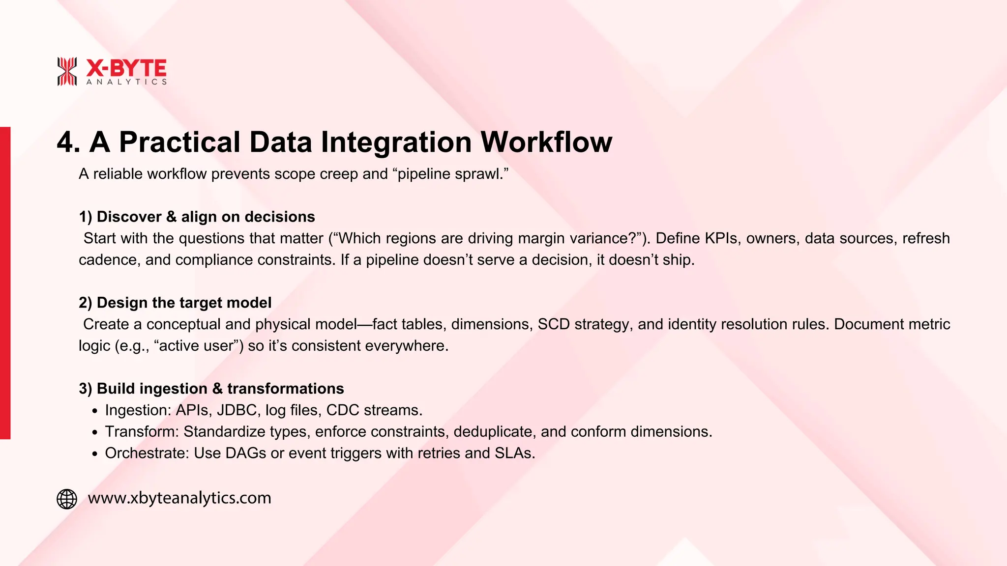www.xbyteanalytics.com
4. A Practical Data Integration Workflow
A reliable workflow prevents scope creep and “pipeline sprawl.”
1) Discover & align on decisions
Start with the questions that matter (“Which regions are driving margin variance?”). Define KPIs, owners, data sources, refresh
cadence, and compliance constraints. If a pipeline doesn’t serve a decision, it doesn’t ship.
2) Design the target model
Create a conceptual and physical model—fact tables, dimensions, SCD strategy, and identity resolution rules. Document metric
logic (e.g., “active user”) so it’s consistent everywhere.
3) Build ingestion & transformations
Ingestion: APIs, JDBC, log files, CDC streams.
Transform: Standardize types, enforce constraints, deduplicate, and conform dimensions.
Orchestrate: Use DAGs or event triggers with retries and SLAs.
 
