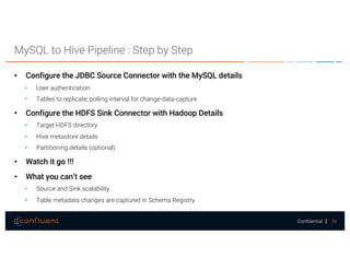36Confidential
MySQL to Hive Pipeline : Step by Step
• Configure the JDBC Source Connector with the MySQL details
• User authentication
• Tables to replicate; polling interval for change-data-capture
• Configure the HDFS Sink Connector with Hadoop Details
• Target HDFS directory
• Hive metastore details
• Partitioning details (optional)
• Watch it go !!!
• What you can’t see
• Source and Sink scalability
• Table metadata changes are captured in Schema Registry
 
