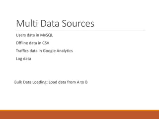 Multi Data Sources
Users data in MySQL
Offline data in CSV
Traffics data in Google Analytics
Log data
Bulk Data Loading: Load data from A to B
 