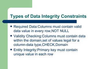 Types of Data Integrity Constraints Required Data:Columns must contain valid data value in every row,NOT NULL Validity Checking:Columns must contain data within the domain,set of values legal for a column-data type,CHECK,Domain Entity Integrity:Primary key must contain unique value in each row 