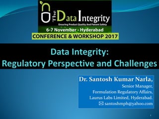 Dr. Santosh Kumar Narla,
Senior Manager,
Formulation Regulatory Affairs,
Laurus Labs Limited, Hyderabad.
 santoshmph@yahoo.com
1
 