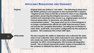 APPLICABLE REGULATIONS AND GUIDANCE
20
19-09-2016Copyright @NishodhSaxena
Original Original data are similar to “raw data”. The following is taken from
the MHRA guidance and appears to also represent FDA’s opinion:
“Original record: Data as the file or format in which it was originally
generated, preserving the integrity (accuracy, completeness,
content and meaning) of the record, e.g. original paper record of
manual observation, or electronic raw data file from a
computerized system.” The paper print out of a chromatogram is
no longer considered the official raw GMP data because it does
not include the complete information, including but not limited to
meta-data, audit trails, and system configuration for the analysis in
question. FDA addresses this in their GMP Q&A.
Attributable This term requires the ability to determine who collected the data,
when it was collected, from which instrument it was collected and
who made any data modification or data manipulations. For
example, for HPLC chromatography, this includes all integration
events. Use of shared passwords renders makes it impossible for
the reviewer to attribute the data to a specific person.
 
