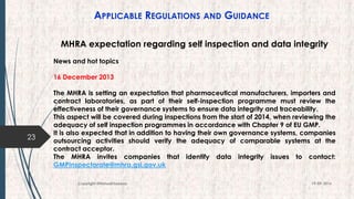 APPLICABLE REGULATIONS AND GUIDANCE
23
19-09-2016Copyright @NishodhSaxena
MHRA expectation regarding self inspection and data integrity
News and hot topics
16 December 2013
The MHRA is setting an expectation that pharmaceutical manufacturers, importers and
contract laboratories, as part of their self-inspection programme must review the
effectiveness of their governance systems to ensure data integrity and traceability.
This aspect will be covered during inspections from the start of 2014, when reviewing the
adequacy of self inspection programmes in accordance with Chapter 9 of EU GMP.
It is also expected that in addition to having their own governance systems, companies
outsourcing activities should verify the adequacy of comparable systems at the
contract acceptor.
The MHRA invites companies that identify data integrity issues to contact:
GMPInspectorate@mhra.gsi.gov.uk
 