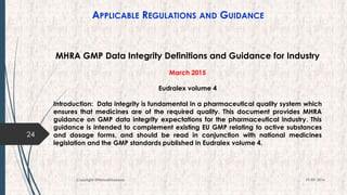 APPLICABLE REGULATIONS AND GUIDANCE
24
19-09-2016Copyright @NishodhSaxena
MHRA GMP Data Integrity Definitions and Guidance for Industry
March 2015
Eudralex volume 4
Introduction: Data integrity is fundamental in a pharmaceutical quality system which
ensures that medicines are of the required quality. This document provides MHRA
guidance on GMP data integrity expectations for the pharmaceutical industry. This
guidance is intended to complement existing EU GMP relating to active substances
and dosage forms, and should be read in conjunction with national medicines
legislation and the GMP standards published in Eudralex volume 4.
 