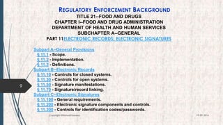 REGULATORY ENFORCEMENT BACKGROUND
9
19-09-2016Copyright @NishodhSaxena
TITLE 21--FOOD AND DRUGS
CHAPTER I--FOOD AND DRUG ADMINISTRATION
DEPARTMENT OF HEALTH AND HUMAN SERVICES
SUBCHAPTER A--GENERAL
PART 11ELECTRONIC RECORDS; ELECTRONIC SIGNATURES
Subpart A--General Provisions
§ 11.1 - Scope.
§ 11.2 - Implementation.
§ 11.3 - Definitions.
Subpart B--Electronic Records
§ 11.10 - Controls for closed systems.
§ 11.30 - Controls for open systems.
§ 11.50 - Signature manifestations.
§ 11.70 - Signature/record linking.
Subpart C--Electronic Signatures
§ 11.100 - General requirements.
§ 11.200 - Electronic signature components and controls.
§ 11.300 - Controls for identification codes/passwords.
 