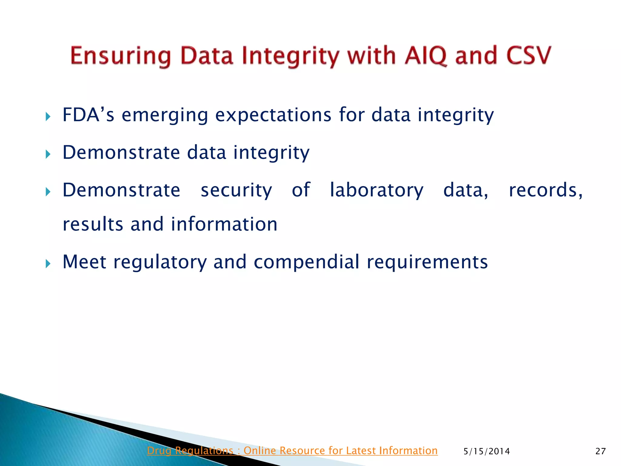  FDA’s emerging expectations for data integrity
 Demonstrate data integrity
 Demonstrate security of laboratory data, records,
results and information
 Meet regulatory and compendial requirements
5/15/2014 27Drug Regulations : Online Resource for Latest Information
 