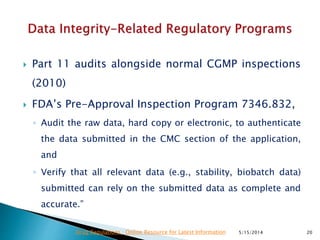  Part 11 audits alongside normal CGMP inspections
(2010)
 FDA’s Pre-Approval Inspection Program 7346.832,
◦ Audit the raw data, hard copy or electronic, to authenticate
the data submitted in the CMC section of the application,
and
◦ Verify that all relevant data (e.g., stability, biobatch data)
submitted can rely on the submitted data as complete and
accurate.”
5/15/2014 20Drug Regulations : Online Resource for Latest Information
 