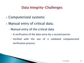  Computerized systems
 Manual entry of critical data.
◦ Manual entry of the critical data
 A verification of the data entry by a second person
 Verified with the use of a validated computerized
verification process
5/15/2014 25
 