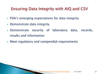  FDA’s emerging expectations for data integrity
 Demonstrate data integrity
 Demonstrate security of laboratory data, records,
results and information
 Meet regulatory and compendial requirements
5/15/2014 27Drug Regulations : Online Resource for Latest Information
 