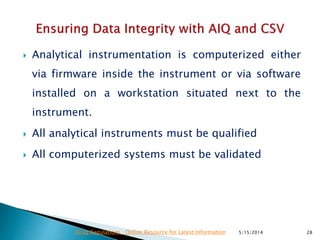  Analytical instrumentation is computerized either
via firmware inside the instrument or via software
installed on a workstation situated next to the
instrument.
 All analytical instruments must be qualified
 All computerized systems must be validated
5/15/2014 28Drug Regulations : Online Resource for Latest Information
 