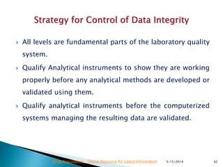  All levels are fundamental parts of the laboratory quality
system.
 Qualify Analytical instruments to show they are working
properly before any analytical methods are developed or
validated using them.
 Qualify analytical instruments before the computerized
systems managing the resulting data are validated.
5/15/2014 42Drug Regulations : Online Resource for Latest Information
 