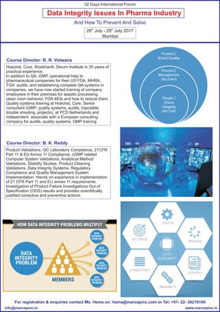Hoechst, Core, Wockhardt, Serum Institute in 35 years of
practical experience.
In addition to QA, GMP, operational help to
pharmaceutical companies for their US FDA, MHRA,
TGA audits, and establishing complete QA systems in
companies, we have now started training of company
employees in their premises for aseptic processing,
clean room behavior, FDA 483s and how to reduce them,
Quality systems training at Hoechst, Core, Senior
consultant (GMP, quality systems, audits, Injectable
trouble shooting, projects). at PCS Netherlands and
independent associate with a European consulting
company for audits, quality systems, GMP training
Course Director: R. R. Vidwans
Course Director: B. K. Reddy
Product Validations, QC Laboratory Compliance, 21CFR
Part 11 & EU Annex 11 Compliance, cGMP related
Computer System Validations, Analytical Method
Validations, Stability Studies, Product Cleaning
Validations, Data Integrity Systems, Regulatory
Compliance and Quality Management System
Implementation. Hands on experience in implementation
of 21 CFR Part 11 and EU annex 11 requirements.
Investigation of Product Failure Investigations Out of
Specification (OOS) results and provides scientifically
justified corrective and preventive actions.
For registration & enquiries contact Ms. Hema on: hema@marcepinc.com or Tel: +91- 22- 30210100
www.marcepinc.ininfo@marcepinc.in
Data Integrity Issues In Pharma Industry
And How To Prevent And Solve
th th
28 July - 29 July 2017
Mumbai
02 Days International Forum
 