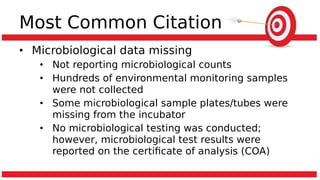 Most Common Citation
• Microbiological data missing
• Not reporting microbiological counts
• Hundreds of environmental monitoring samples
were not collected
• Some microbiological sample plates/tubes were
missing from the incubator
• No microbiological testing was conducted;
however, microbiological test results were
reported on the certificate of analysis (COA)
 