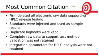 Most Common Citation
• Firm deleted all electronic raw data supporting
HPLC release testing
• Standards were injected and used as sample
results
• Duplicate logbooks were kept
• Complete raw data to support test method
validation was not retained
• Integration parameters for HPLC analysis were not
retained
 