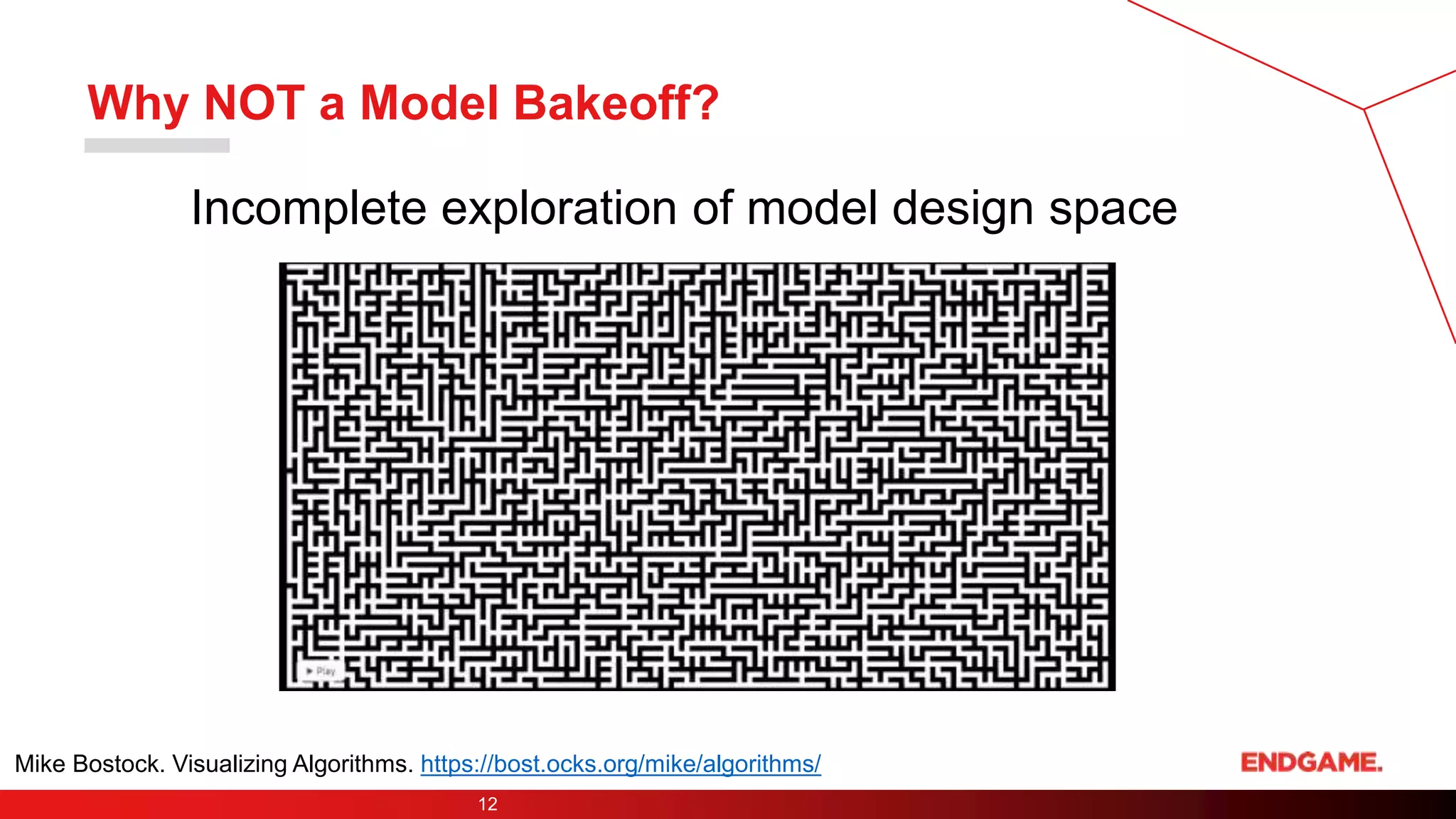 Why NOT a Model Bakeoff?
Incomplete exploration of model design space
12
Mike Bostock. Visualizing Algorithms. https://bost.ocks.org/mike/algorithms/
 