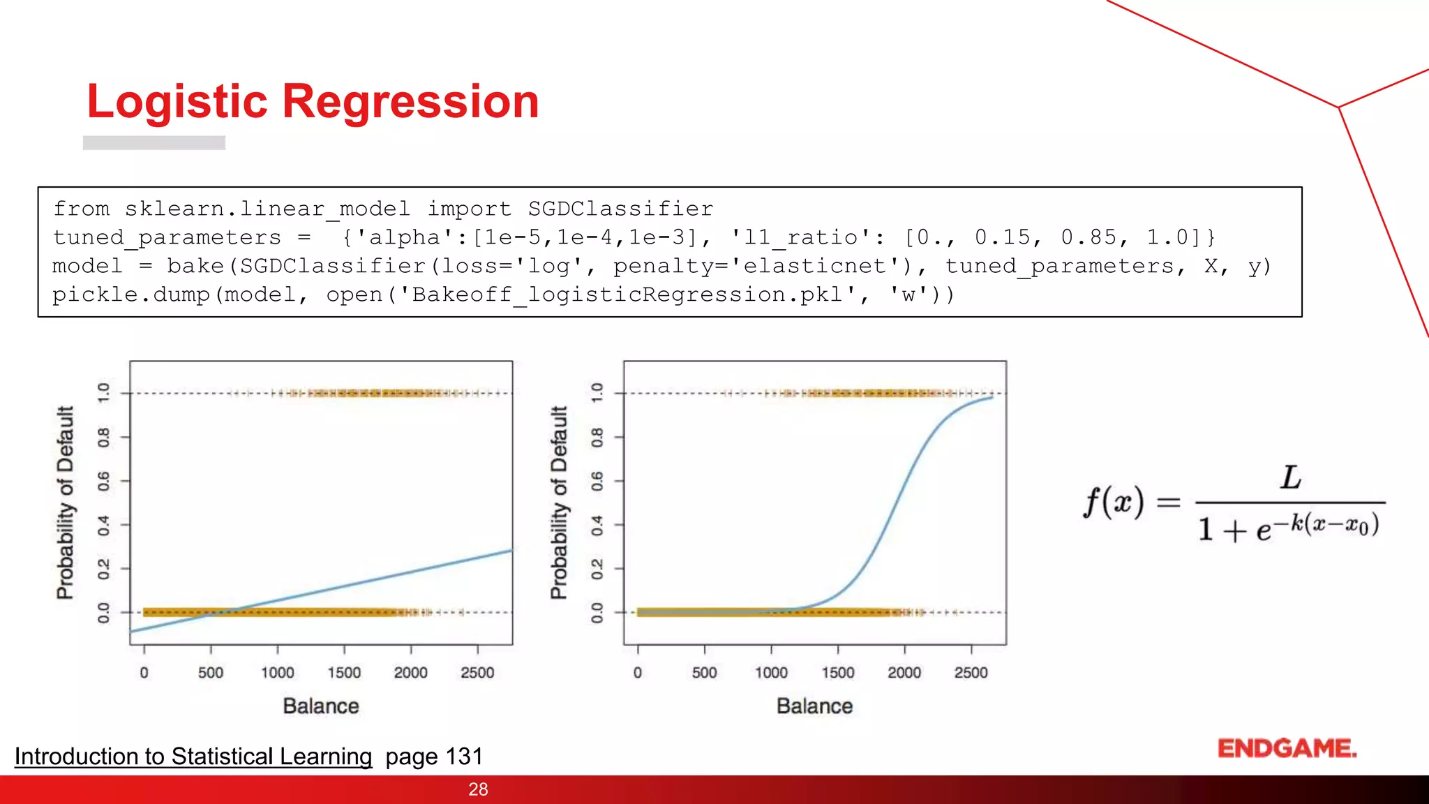 Logistic Regression
28
from sklearn.linear_model import SGDClassifier
tuned_parameters = {'alpha':[1e-5,1e-4,1e-3], 'l1_ratio': [0., 0.15, 0.85, 1.0]}
model = bake(SGDClassifier(loss='log', penalty='elasticnet'), tuned_parameters, X, y)
pickle.dump(model, open('Bakeoff_logisticRegression.pkl', 'w'))
Introduction to Statistical Learning page 131
 