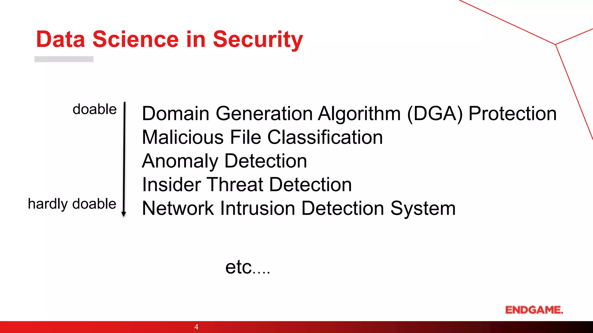 Data Science in Security
4
Domain Generation Algorithm (DGA) Protection
Malicious File Classification
Anomaly Detection
Insider Threat Detection
Network Intrusion Detection System
doable
hardly doable
etc….
 