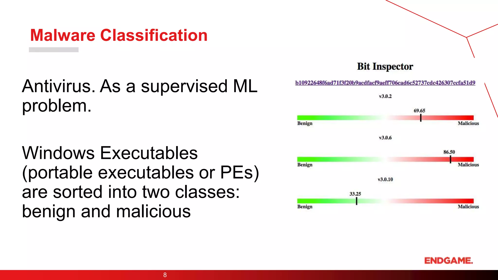 Malware Classification
Antivirus. As a supervised ML
problem.
Windows Executables
(portable executables or PEs)
are sorted into two classes:
benign and malicious
8
 