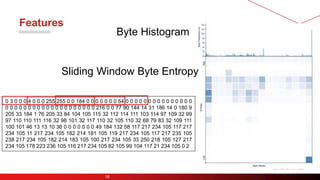 Features
18
Byte Histogram
Sliding Window Byte Entropy
0 3 0 0 0 4 0 0 0 255 255 0 0 184 0 0 0 0 0 0 0 64 0 0 0 0 0 0 0 0 ...