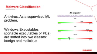Malware Classification
Antivirus. As a supervised ML
problem.
Windows Executables
(portable executables or PEs)
are sorted...