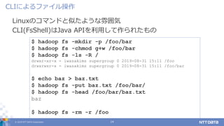© 2019 NTT DATA Corporation 14
Linuxのコマンドと似たような雰囲気
CLI(FsShell)はJava APIを利用して作られたもの
CLIによるファイル操作
$ hadoop fs -mkdir -p /foo/bar
$ hadoop fs -chmod g+w /foo/bar
$ hadoop fs -ls -R /
drwxr-xr-x - iwasakims supergroup 0 2019-08-31 15:11 /foo
drwxrwxr-x - iwasakims supergroup 0 2019-08-31 15:11 /foo/bar
$ echo baz > baz.txt
$ hadoop fs -put baz.txt /foo/bar/
$ hadoop fs -head /foo/bar/baz.txt
baz
$ hadoop fs -rm -r /foo
 