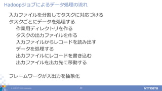 © 2019 NTT DATA Corporation 20
入力ファイルを分割してタスクに対応づける
タスクごとにデータを処理する
作業用ディレクトリを作る
タスクの出力ファイルを作る
入力ファイルからレコードを読み出す
データを処理する
出力ファイルにレコードを書き込む
出力ファイルを出力先に移動する
フレームワークが入出力を抽象化
Hadoopジョブによるデータ処理の流れ
 