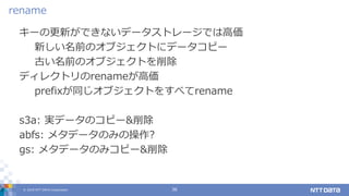© 2019 NTT DATA Corporation 36
キーの更新ができないデータストレージでは高価
新しい名前のオブジェクトにデータコピー
古い名前のオブジェクトを削除
ディレクトリのrenameが高価
prefixが同じオブジェクトをすべてrename
s3a: 実データのコピー&削除
abfs: メタデータのみの操作?
gs: メタデータのみコピー&削除
rename
 
