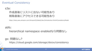 © 2019 NTT DATA Corporation 37
s3a:
作成直後にリストに出ない可能性あり
削除直後にアクセスできる可能性あり
https://docs.aws.amazon.com/AmazonS3/latest/dev/Introduction.html#ConsistencyModel
abfs:
hierarchical namespace enabledなら問題なし
gs: 問題なし?
https://cloud.google.com/storage/docsv/consistency
Eventual Consistency
 