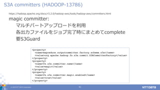 © 2019 NTT DATA Corporation 41
https://hadoop.apache.org/docs/r3.2.0/hadoop-aws/tools/hadoop-aws/committers.html
magic committer:
マルチパートアップロードを利用
各出力ファイルをジョブ完了時にまとめてcomplete
要S3Guard
S3A committers (HADOOP-13786)
<property>
<name>mapreduce.outputcommitter.factory.scheme.s3a</name>
<value>org.apache.hadoop.fs.s3a.commit.S3ACommitterFactory</value>
</property>
<property>
<name>fs.s3a.committer.name</name>
<value>magic</value>
</property>
<property>
<name>fs.s3a.committer.magic.enabled</name>
<value>true</value>
</property>
 