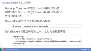 © 2019 NTT DATA Corporation 50
Hadoop Commonのモジュール利用している
HDFSのモジュールを(ほとんど)利用していない
大部分は新規コード
OzoneとHDFSとの関係
$ ozone --daemon start datanode
<property>
<name>dfs.datanode.plugins</name>
<value>org.apache.hadoop.ozone.HddsDatanodeService</value>
</property>
DataNode内で追加のモジュールとしても起動可能
Ozone専用のプロセスを起動する場合:
 