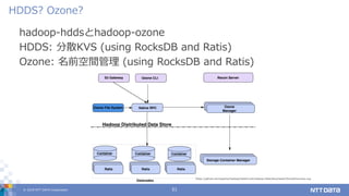 © 2019 NTT DATA Corporation 51
hadoop-hddsとhadoop-ozone
HDDS: 分散KVS (using RocksDB and Ratis)
Ozone: 名前空間管理 (using RocksDB and Ratis)
HDDS? Ozone?
https://github.com/apache/hadoop/blob/trunk/hadoop-hdds/docs/static/OzoneOverview.svg
 
