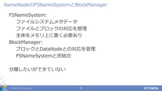 © 2019 NTT DATA Corporation 52
FSNameSystem:
ファイルシステムメタデータ
ファイルとブロックの対応を管理
全体をメモリ上に置く必要あり
BlockManager:
ブロックとDataNodeとの対応を管理
FSNameSystemと密結合
分離したいができていない
NameNodeのFSNameSystemとBlockManager
 