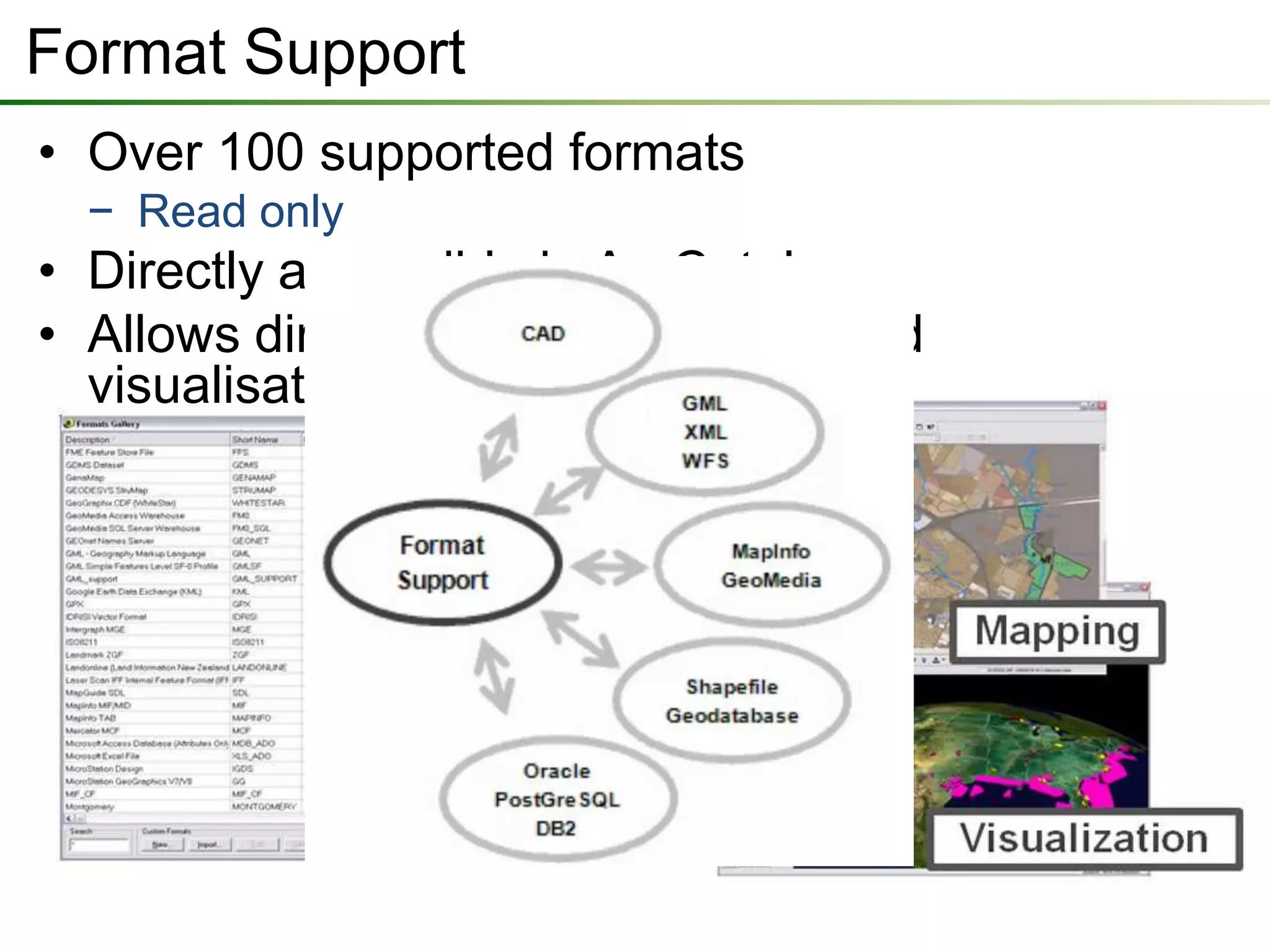 Format Support
• Over 100 supported formats
− Read only
• Directly accessible in ArcCatalog
• Allows direct analysis, mapping and
visualisation
 