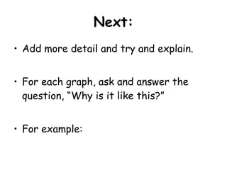 Next: Add more detail and try and explain. For each graph, ask and answer the question, “Why is it like this?” For example: 
