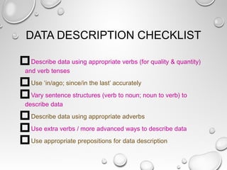 DATA DESCRIPTION CHECKLIST
Describe data using appropriate verbs (for quality & quantity)
and verb tenses
Use ‘in/ago; since/in the last’ accurately
Vary sentence structures (verb to noun; noun to verb) to
describe data
Describe data using appropriate adverbs
Use extra verbs / more advanced ways to describe data
Use appropriate prepositions for data description
 