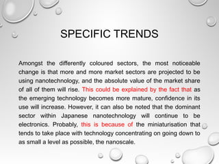 SPECIFIC TRENDS
Amongst the differently coloured sectors, the most noticeable
change is that more and more market sectors are projected to be
using nanotechnology, and the absolute value of the market share
of all of them will rise. This could be explained by the fact that as
the emerging technology becomes more mature, confidence in its
use will increase. However, it can also be noted that the dominant
sector within Japanese nanotechnology will continue to be
electronics. Probably, this is because of the miniaturisation that
tends to take place with technology concentrating on going down to
as small a level as possible, the nanoscale.
 