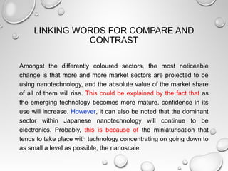 LINKING WORDS FOR COMPARE AND
CONTRAST
Amongst the differently coloured sectors, the most noticeable
change is that more and more market sectors are projected to be
using nanotechnology, and the absolute value of the market share
of all of them will rise. This could be explained by the fact that as
the emerging technology becomes more mature, confidence in its
use will increase. However, it can also be noted that the dominant
sector within Japanese nanotechnology will continue to be
electronics. Probably, this is because of the miniaturisation that
tends to take place with technology concentrating on going down to
as small a level as possible, the nanoscale.
 