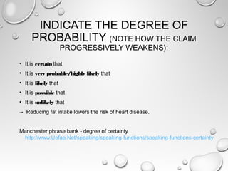 INDICATE THE DEGREE OF
PROBABILITY (NOTE HOW THE CLAIM
PROGRESSIVELY WEAKENS):
• It is certain that
• It is very probable/highly likely that
• It is likely that
• It is possible that
• It is unlikely that
→ Reducing fat intake lowers the risk of heart disease.
Manchester phrase bank - degree of certainty
http://www.Uefap.Net/speaking/speaking-functions/speaking-functions-certainty
 