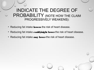 INDICATE THE DEGREE OF
PROBABILITY (NOTE HOW THE CLAIM
PROGRESSIVELY WEAKENS):
• Reducing fat intake lowers the risk of heart disease.
• Reducing fat intake could/might lower the risk of heart disease.
• Reducing fat intake may lower the risk of heart disease.
 