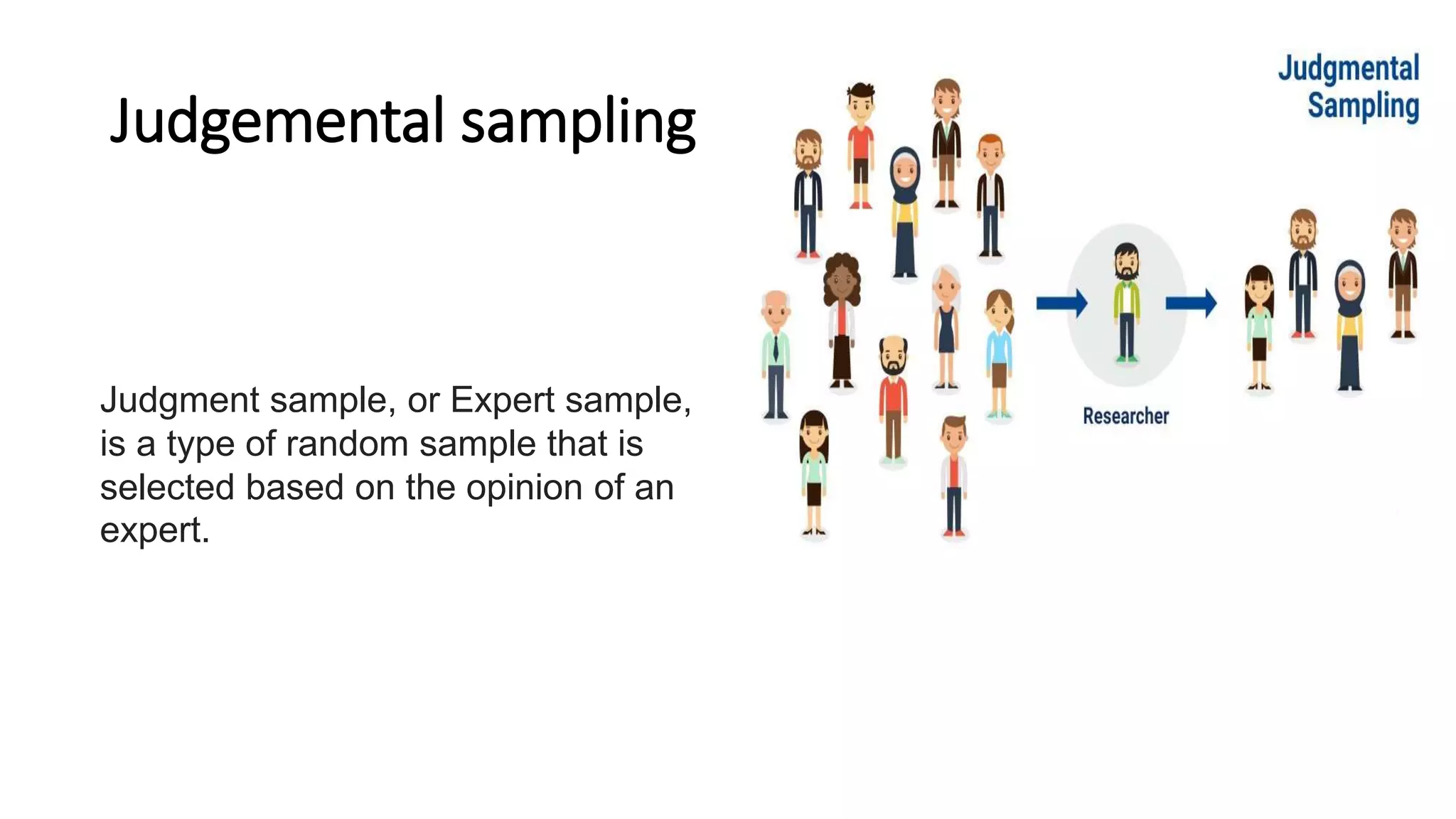 Judgemental sampling
Judgment sample, or Expert sample,
is a type of random sample that is
selected based on the opinion of an
expert.
 