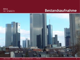 : : : data in transit : : : Jutta Horstmann : : : Drupal Camp Berlin 2011 : : : 17.09.2011 : : : 4
Bestandsaufnahme
 